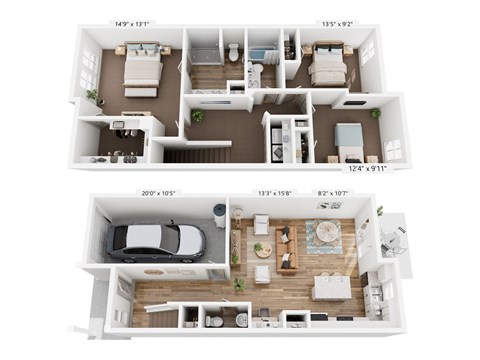 A floor plan of a two-story house with dimensions and a carpeted living room.